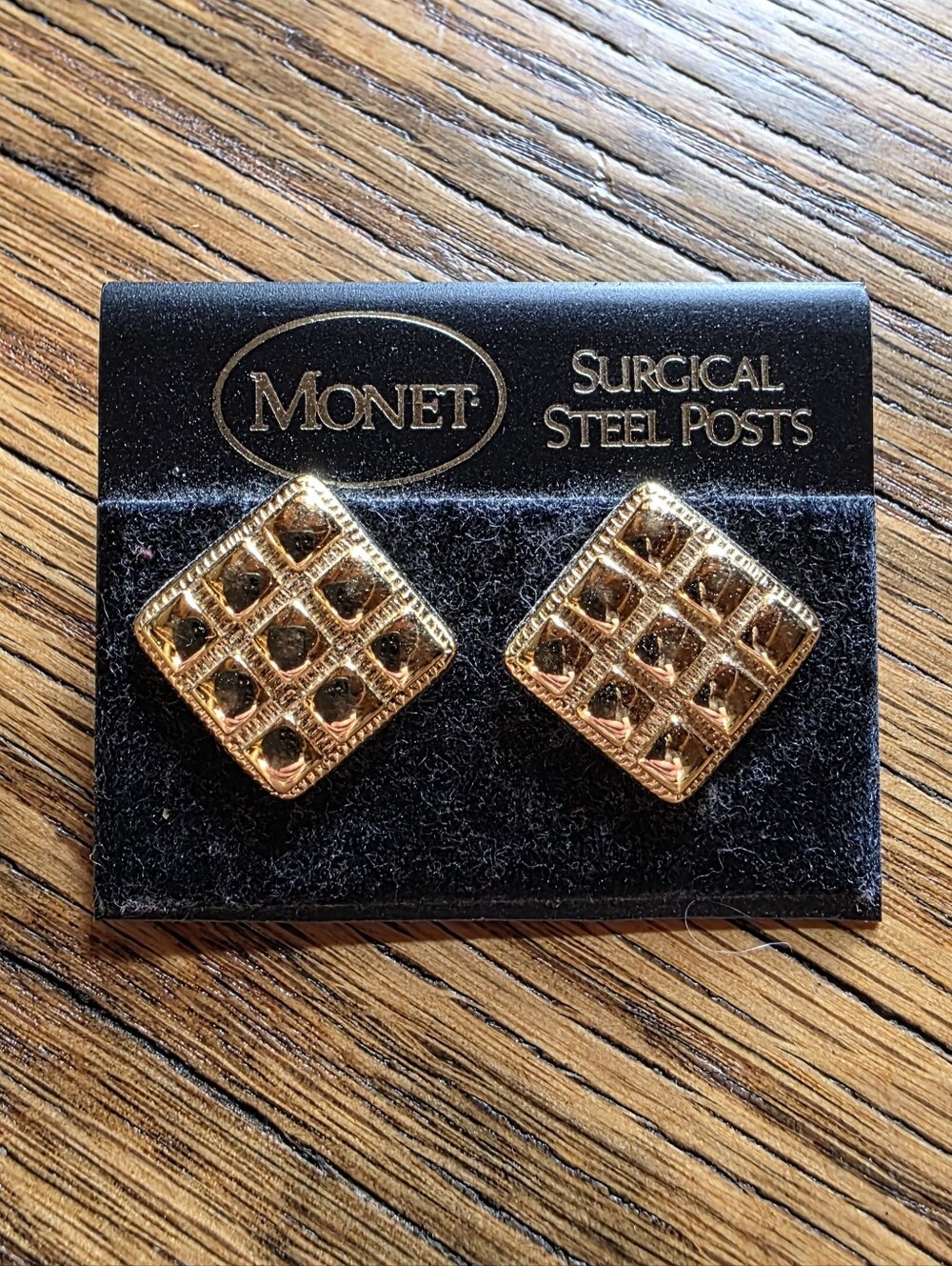 Vintage Monet Gold Textured Grid Diamond-Shaped Stud Earrings
